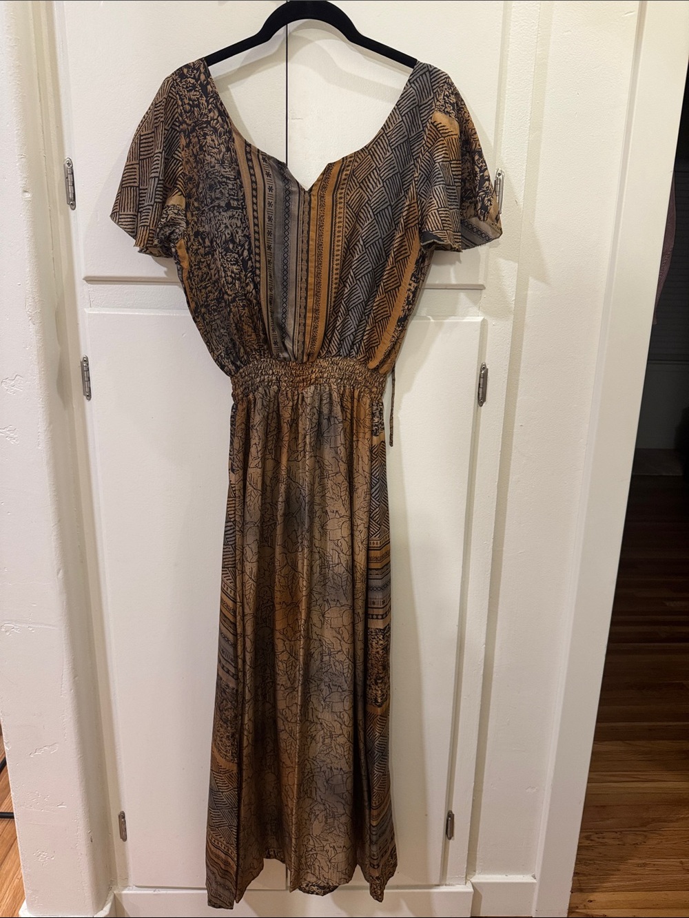 Women’s SILK Unique Printed Maxi Dress with Open Low Back (made in India)